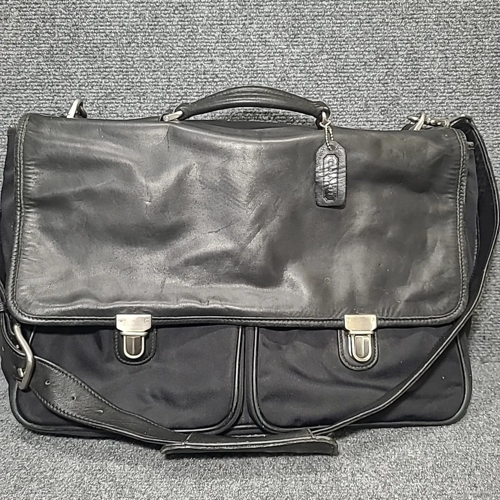 Vtg COACH Black Leather/ Nylon‎ Men's Briefcase Messenger Bag